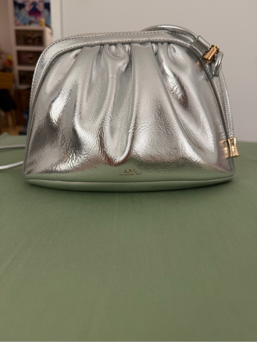 A.P.C. NINON SMALL DRAWSTRING BAG in Metallic Silver Leather